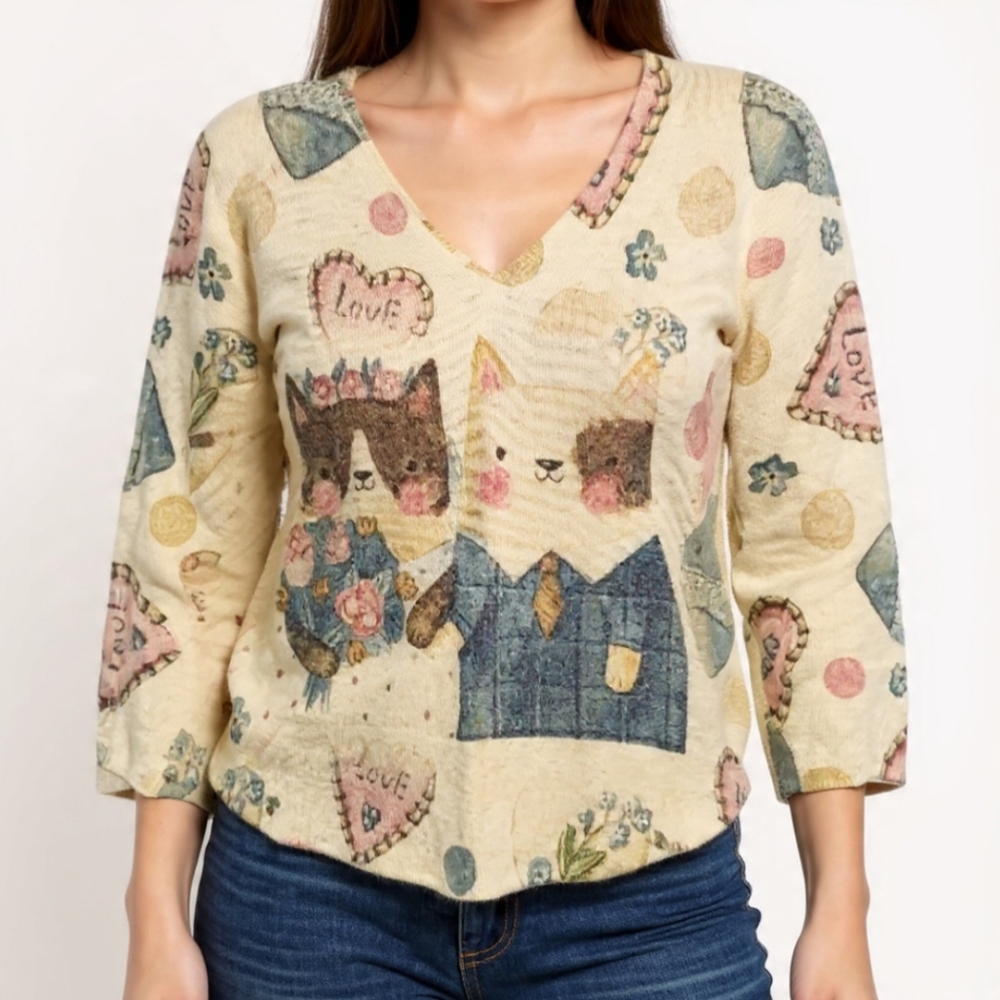 SP๐Vintage Via Vitale Charming Cat Print V-Neck Sweater
